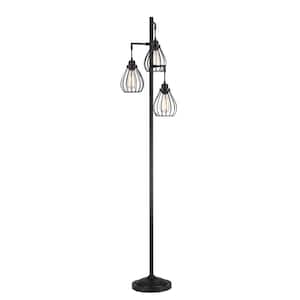 69 in. 3-Light Tree Floor Lamp with Hanging Steel Cage Shade and Matte Black