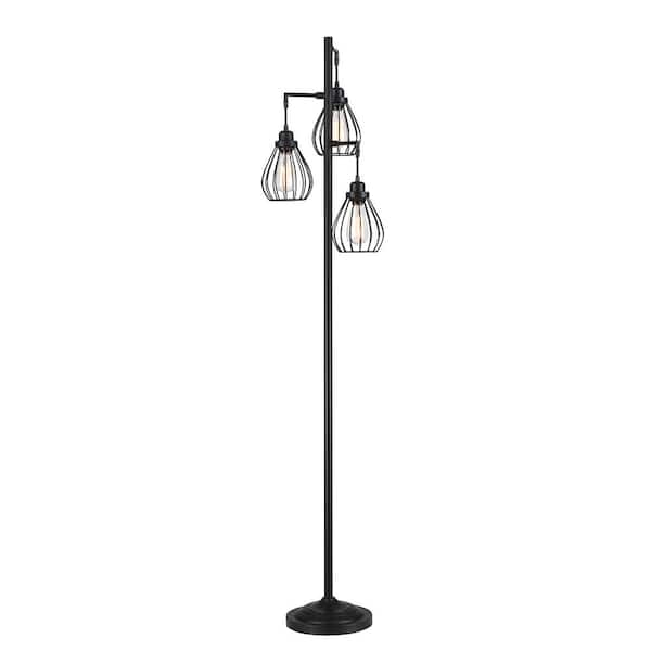 Hukoro 69 in. 3-Light Tree Floor Lamp with Hanging Steel Cage Shade and Matte Black