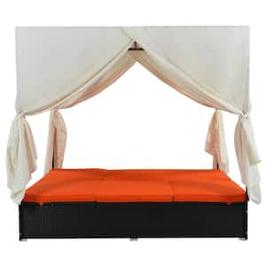 Black Wicker Outdoor Day Bed with Orange Cushions and Adjustable Seats