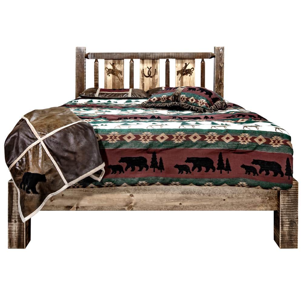 Rustic Full Pine Platform Bed with Laser Engraved Bronc Headboard