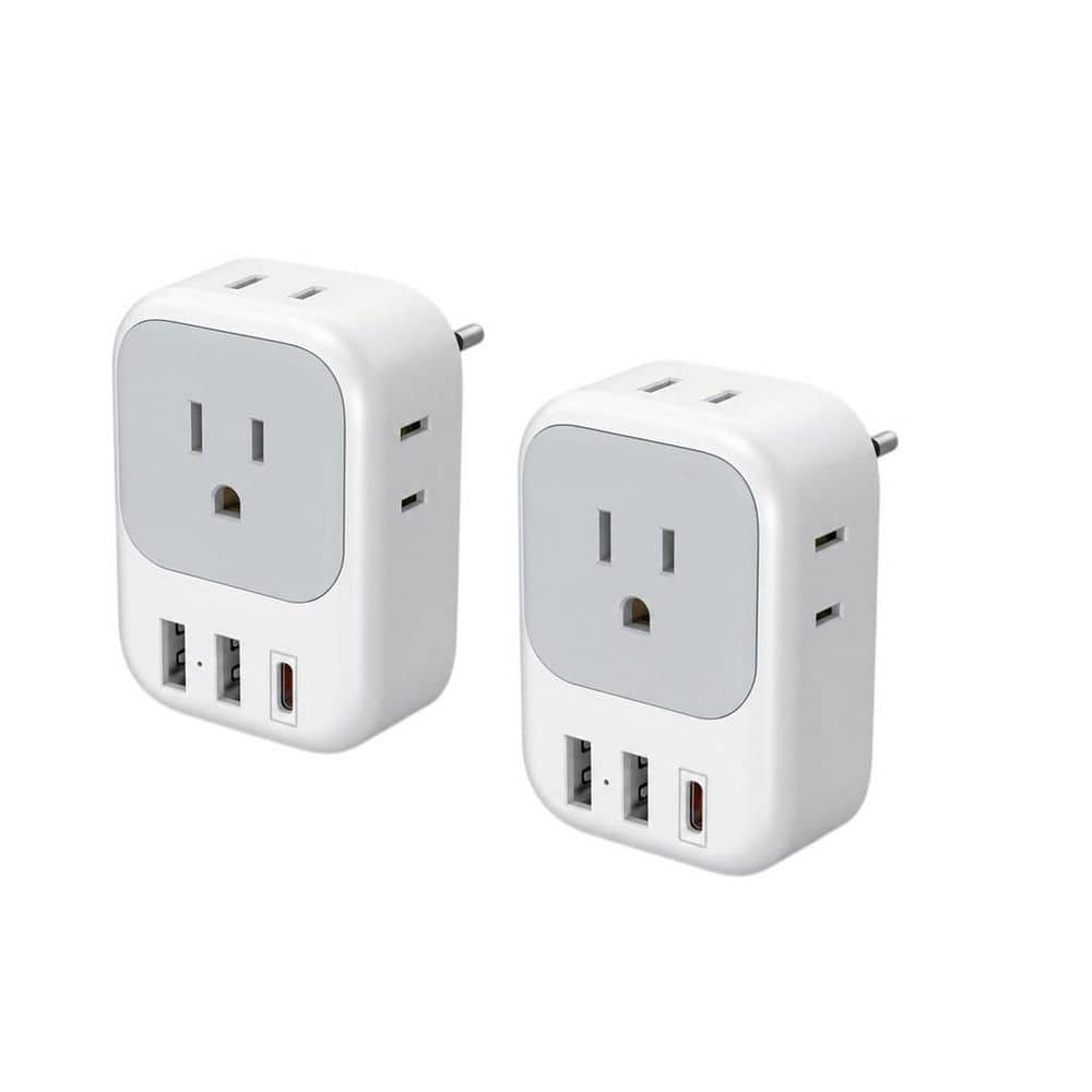 2-Pack European Travel Plug Adapter, US to Europe Plug Adapter with 4 AC Outlets and 3 USB Charging Ports