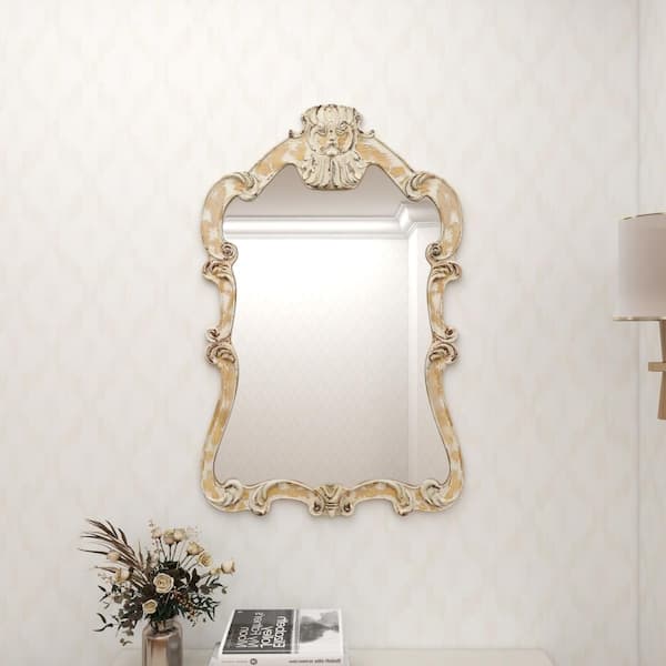 Litton Lane 39 in. x 25 in. Carved Acanthus Arched Framed Cream Wall Mirror with Arched Top and Distressing