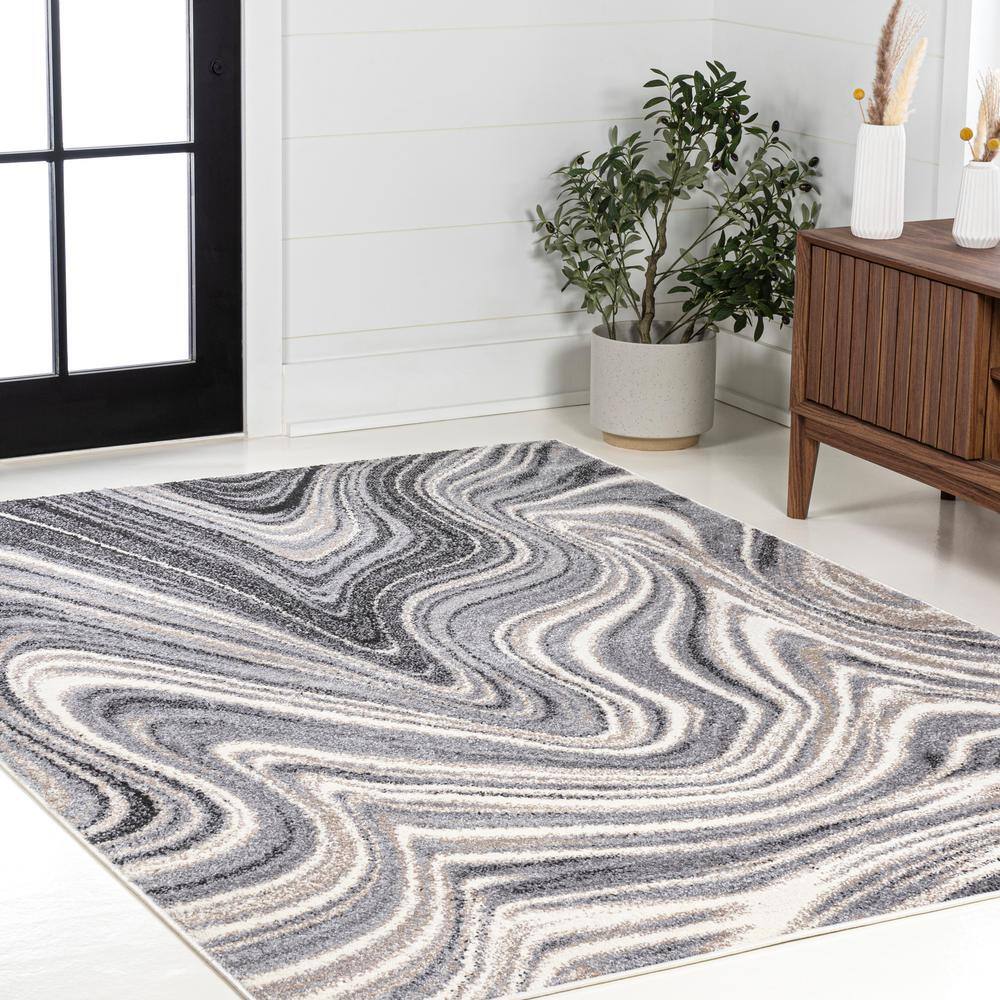 Eleni Charcoal and Cream Abstract Marble 3 x 5 Synthetic Area Rug