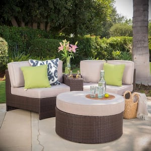 Brown 4-Piece Faux Rattan Outdoor Sectional and Table Set with Textured Beige Cushions