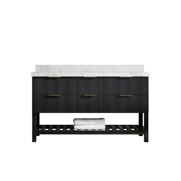 Willow Collections Catalina 60 in. W x 22 in. D x 36 in. H Double Sink Bath Vanity in Black with 2" Calacatta Nuvo Top