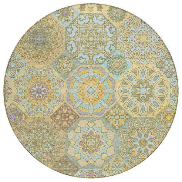 Chantille Machine Washable Indoor/Outdoor Abstract ACN2729 Gold 8 ft. x 8 ft. Round Rug