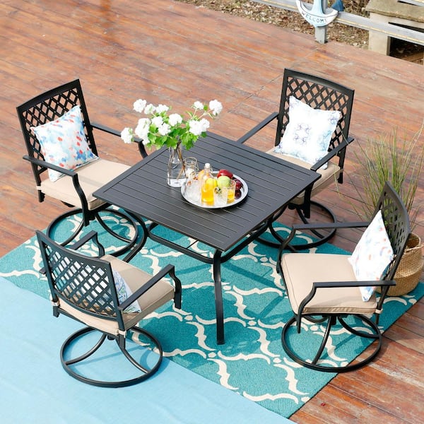 PHI VILLA Black 5-Piece Metal Outdoor Patio Dining Set with Slat Square Table and Swivel Chairs with Beige Cushions