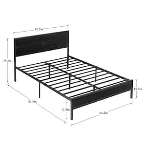 Bed Frame Black Metal Frame Queen Size Platform Bed with Wooden Headboard, Strong Metal Slat Support