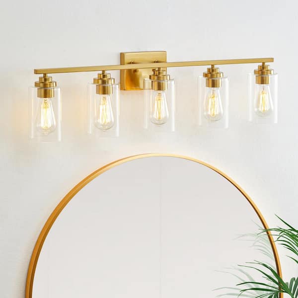 35 in. 5-Antique Brass Vanity Light with Clear Glass Shade