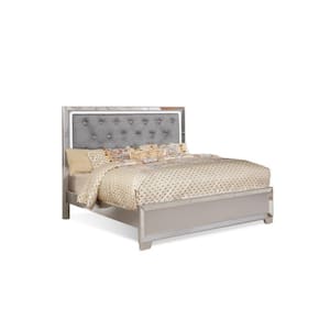 Gray and Silver Wooden Frame Queen Platform Bed with Mirror Inlays