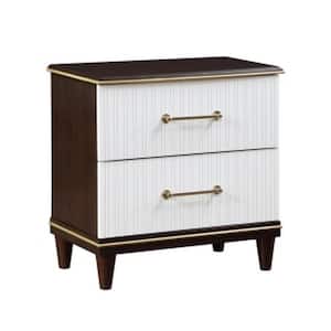 28 in. Gold, White, Brown and Brass 2-Drawer Wooden Nightstand
