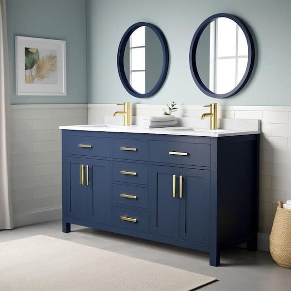 Beckett 60 in. W x 22 in. D Double Vanity in Dark Blue with Cultured Marble Vanity Top in White with White Basins