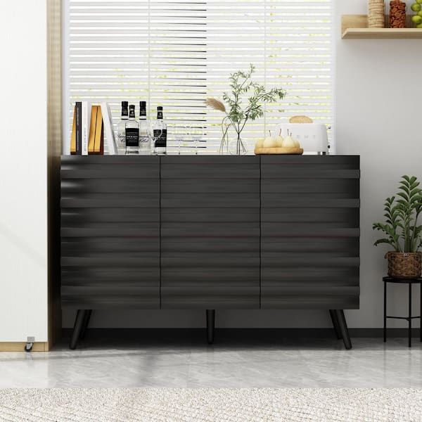 FUFU&GAGA Black Wooden 47.2 in. Width, Sideboard, Storage Cabinet, Dresser with 4-Shelves and Wavy Alternating Stripes Surface