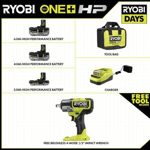 ONE+ 18V Lithium-Ion 2.0 Ah, 4.0 Ah, and 6.0 Ah HIGH PERFORMANCE Batteries and Charger Kit w/ HP Brushless Impact Wrench