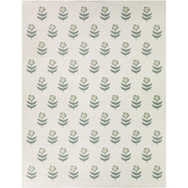 Caraway Green 7 ft. 10 in. x 10 ft. Floral Farmhouse Indoor/Outdoor Area Rug