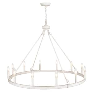 Dineen 12-Light 38 in. W Distressed White Candle Style Wagon Wheel Farmhouse Chandelier for Bedroom Foyer Stairway