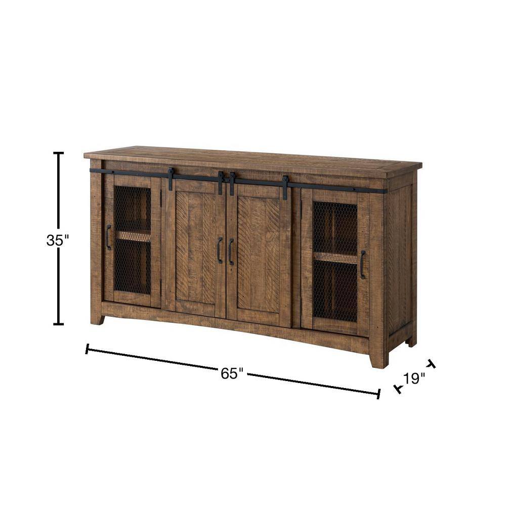 Rustic Pine and Black Metal Mesh 65" TV Stand with Cabinet