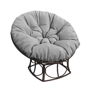 Brown Wicker Metal Frame Papasan Chair Outdoor Recliner with Gray Cushion