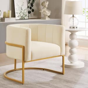 Living Room Chairs Modern Cream Velvet Upholstered Arm Chair with Curve Backrest Accent Chair with Golden Metal Stand