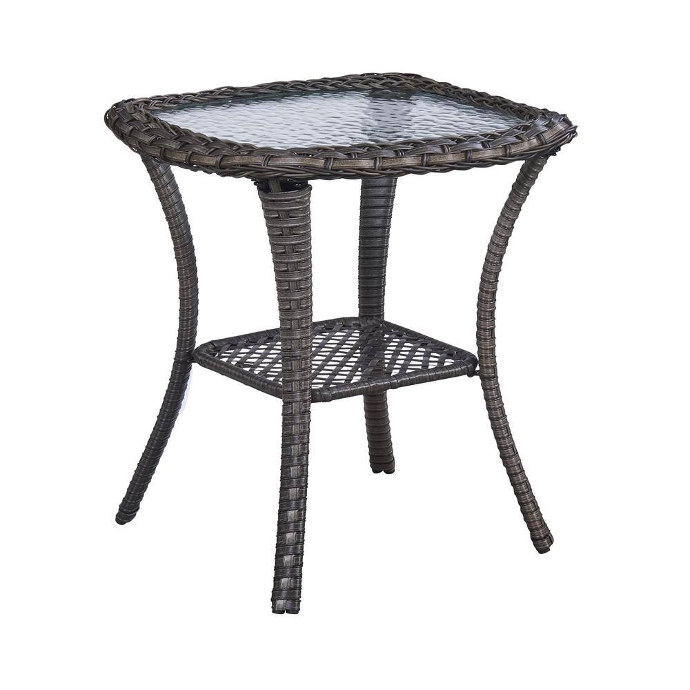 Brown Wicker and Glass Outdoor Square End Table