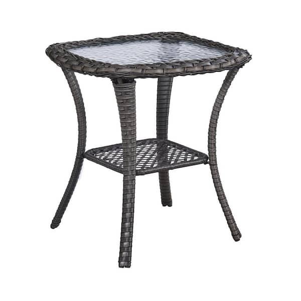 Unbranded Brown Square Wicker Outdoor Side Table with Glass Top