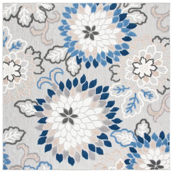 SAFAVIEH Cabana Gray/Blue 7 ft. x 7 ft. Floral Abstract Indoor/Outdoor Patio  Square Area Rug