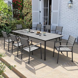 9 of Pieces Aluminum Metal Outdoor Patio Dining Set with Umbrella Hole and Stackable Chairs, Gray