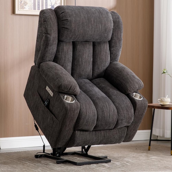 sumyeg 34.6 in. W Gray Chenille Power Lift Recliner Chair with Massage, Heating, USB and Type-C Ports and Cup Holders