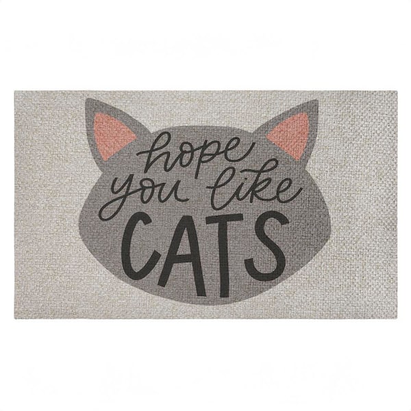 Hope You Like Cats Gray 18 in. x 30 in. Polyester Non-Slip Outdoor Door Mat