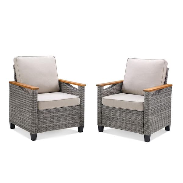 2-Piece Wicker Patio Conversation Set Lounge Chair with Beige Cushions, Wooden Handrail, Suitable for Indoor and Outdoor