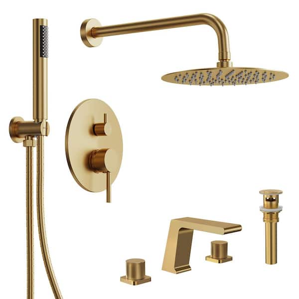 Pressure Balance 2-Spray Wall Mount 10 in. Fixed and Handheld Shower Head 2.5 GPM in Brushed Gold with Basin Faucet