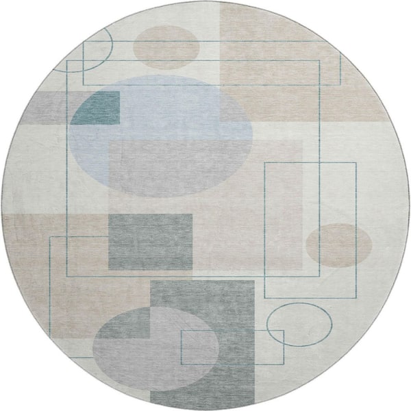 Mayfield Premium Machine Washable Abstract AMF2500 Ivory 8 ft. x 8 ft. Round Rug