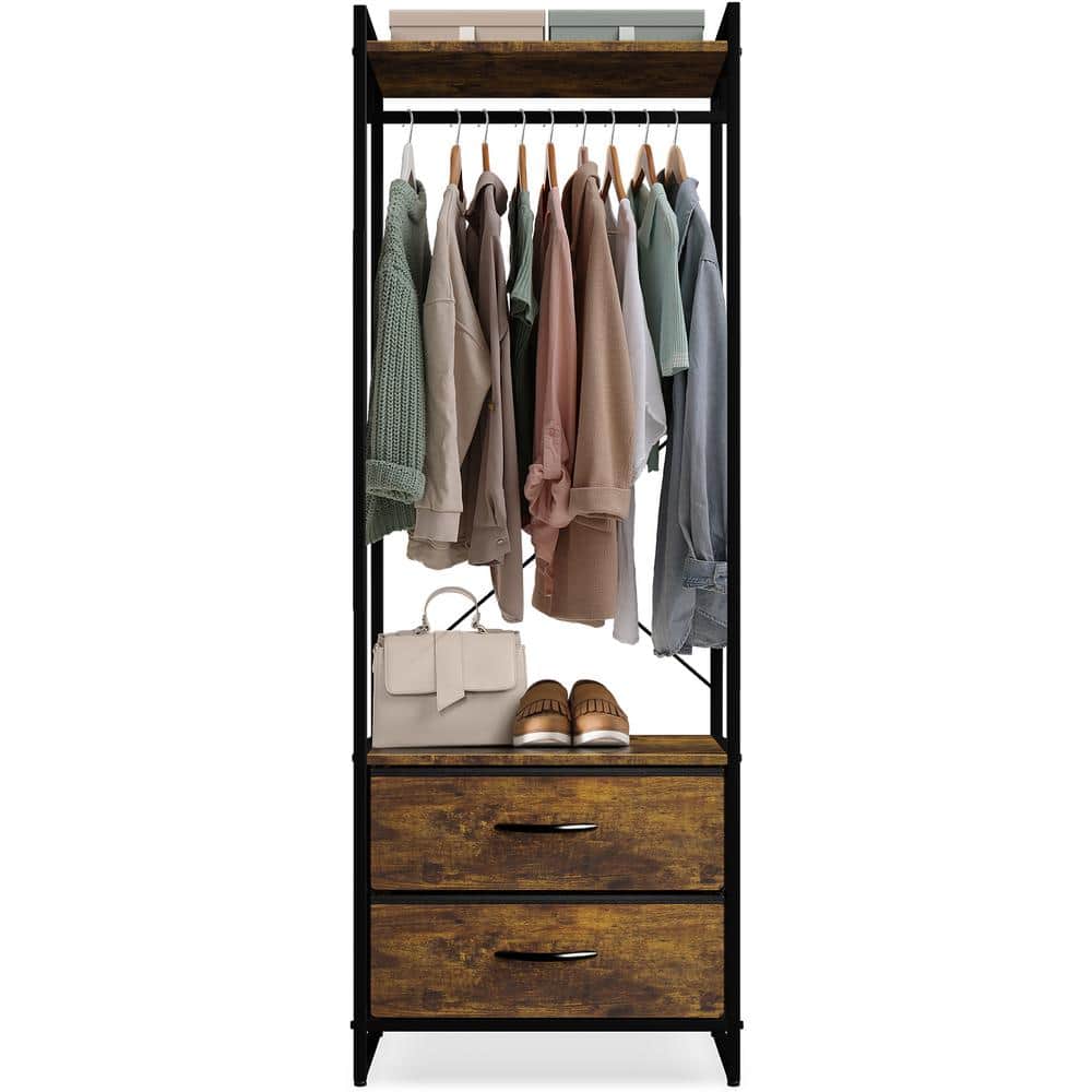 Portable Black Steel and Wood Garment Rack with Drawers