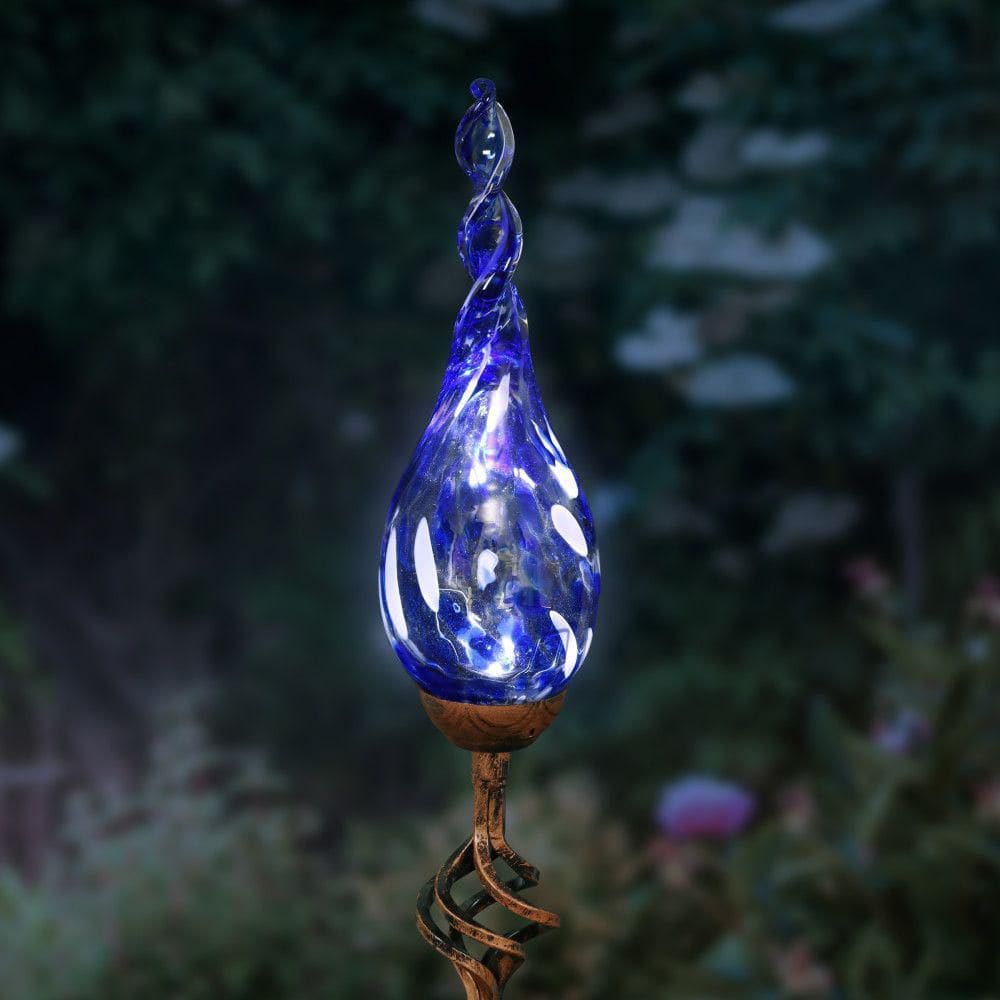 Blue Hand Blown Glass Flame Garden Stake with Metal Finial