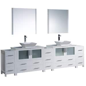 Torino 108 in. Double Vanity in White with Glass Stone Vanity Top in White with White Basins and Mirrors