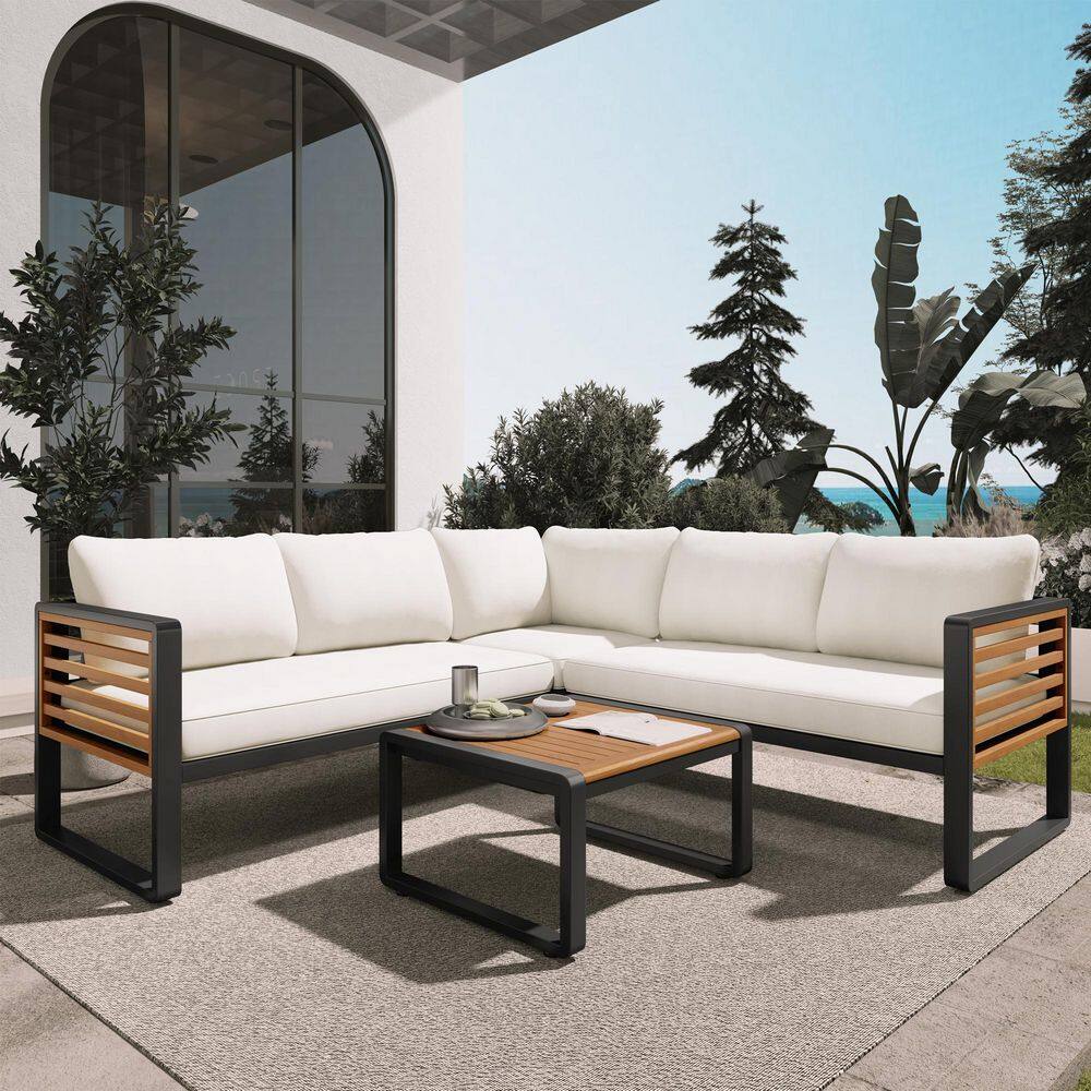 4-Piece Acacia Wood Patio Conversation Set with Beige Cushions, Outdoor Conversation Set with Coffee Table for Backyard price history on PriceWatchPro