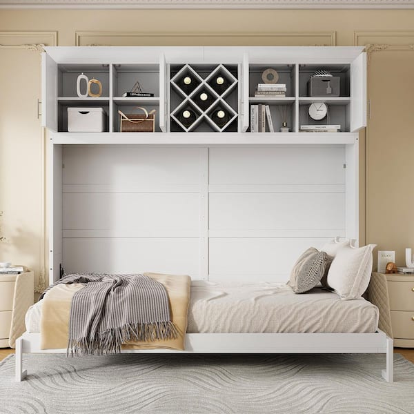 White Wood Frame Queen Size Murphy Bed with Top Cabinets and Wine Rack