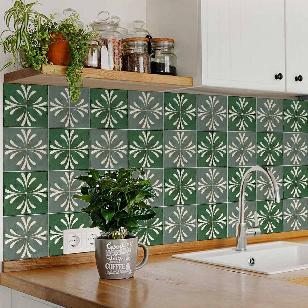 Green and White Vinyl Peel and Stick Backsplash Tiles, 8x8-inch