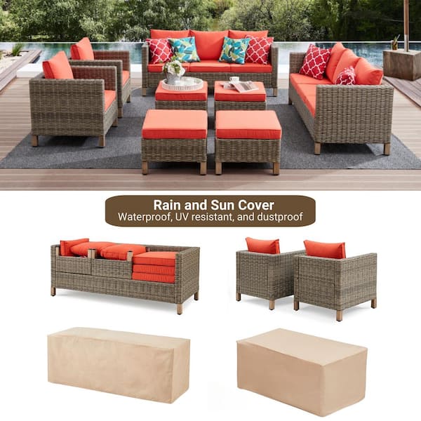 8-Piece Wicker Patio Conversation Set with Orange Cushions