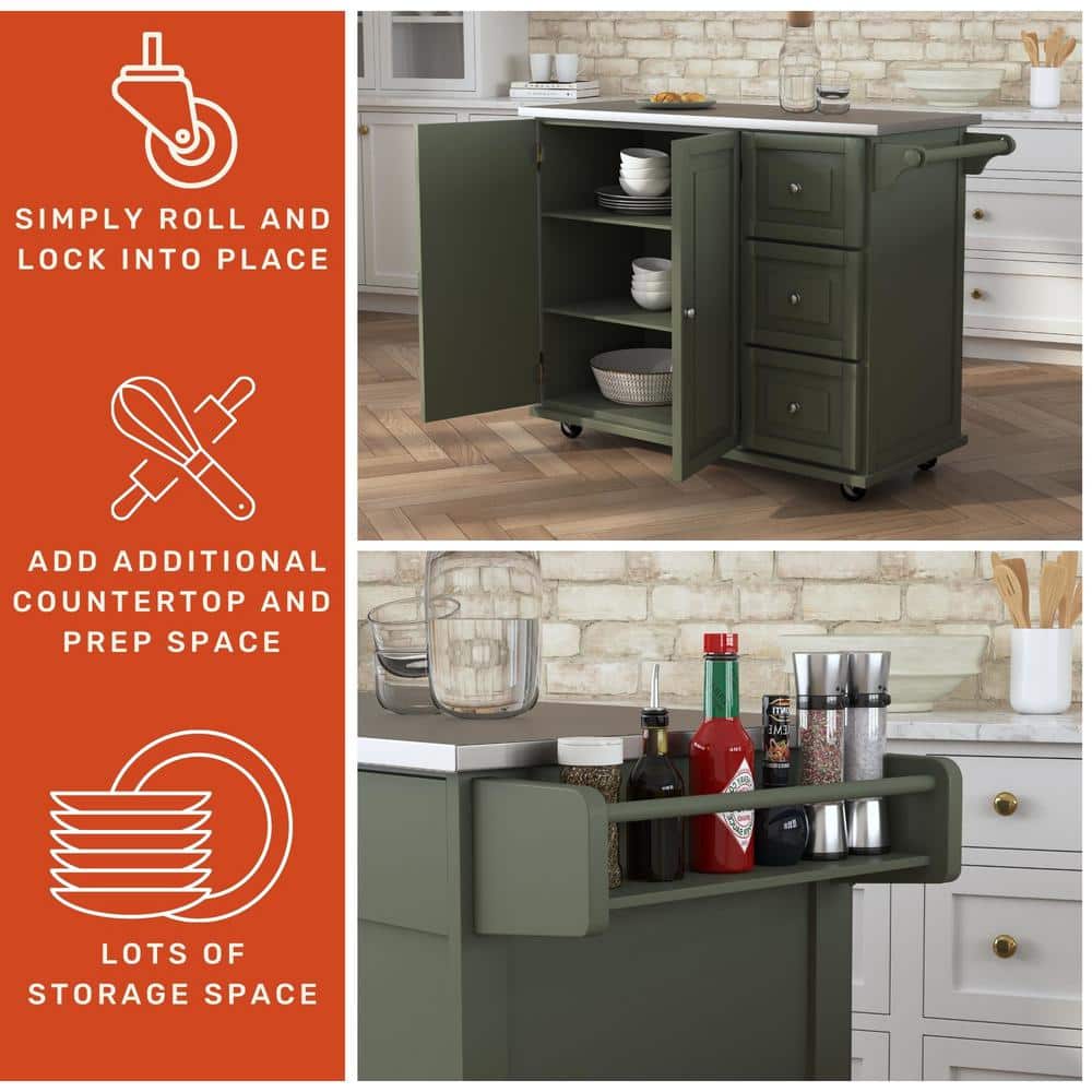 Sage Green Stainless Steel Top Kitchen Cart with Storage