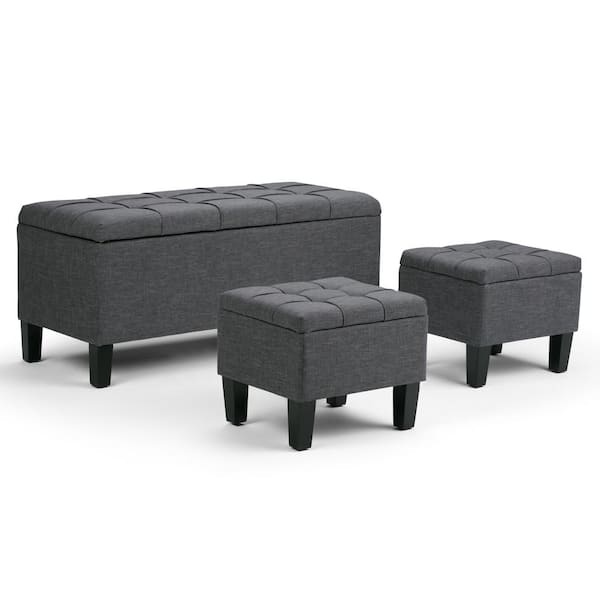 Simpli Home Dover 44 in. Wide Contemporary Rectangle 3-Pieces Storage Ottoman in Slate Grey Linen Look Fabric