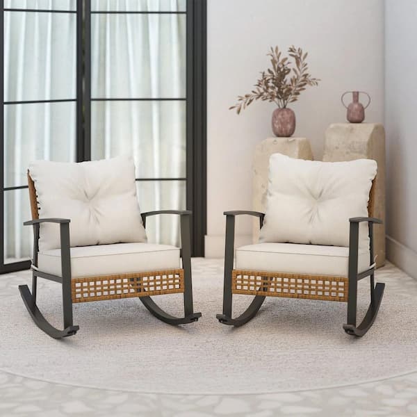 LAUSAINT HOME Rattan Wicker Outdoor Rocking Chair with Beige Cushions 2-Pack