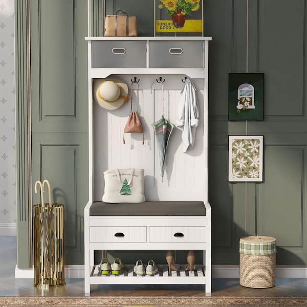 Asucoora Ingrid White 33.5 in. W x 69 in. H Hall Tree with Storage Shelf and Cushion Bench