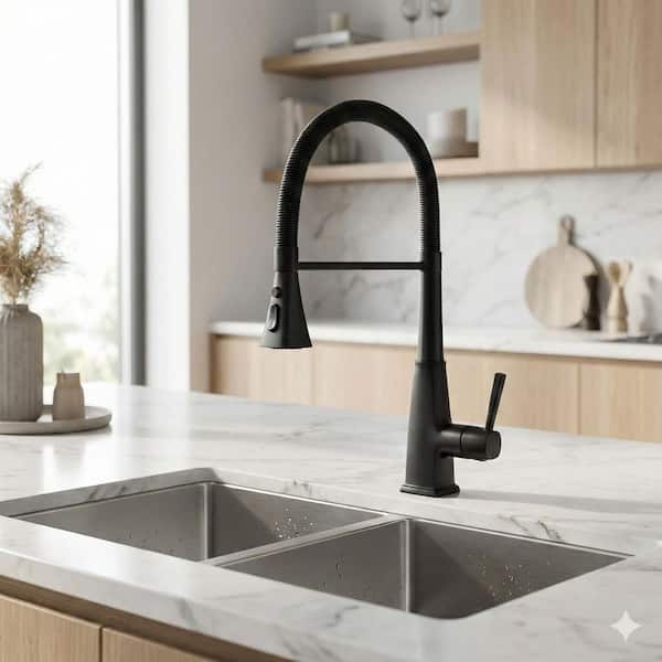 Spring 21 in. Single Handle Pull Down Sprayer Kitchen Faucet with 3-Mode Spray 360° Spout Swivel in Matte Black