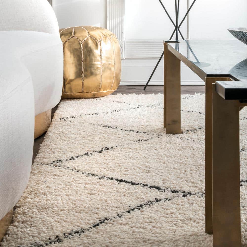 Off-White and Black Synthetic Shag Rectangular Area Rug 10' x 14'