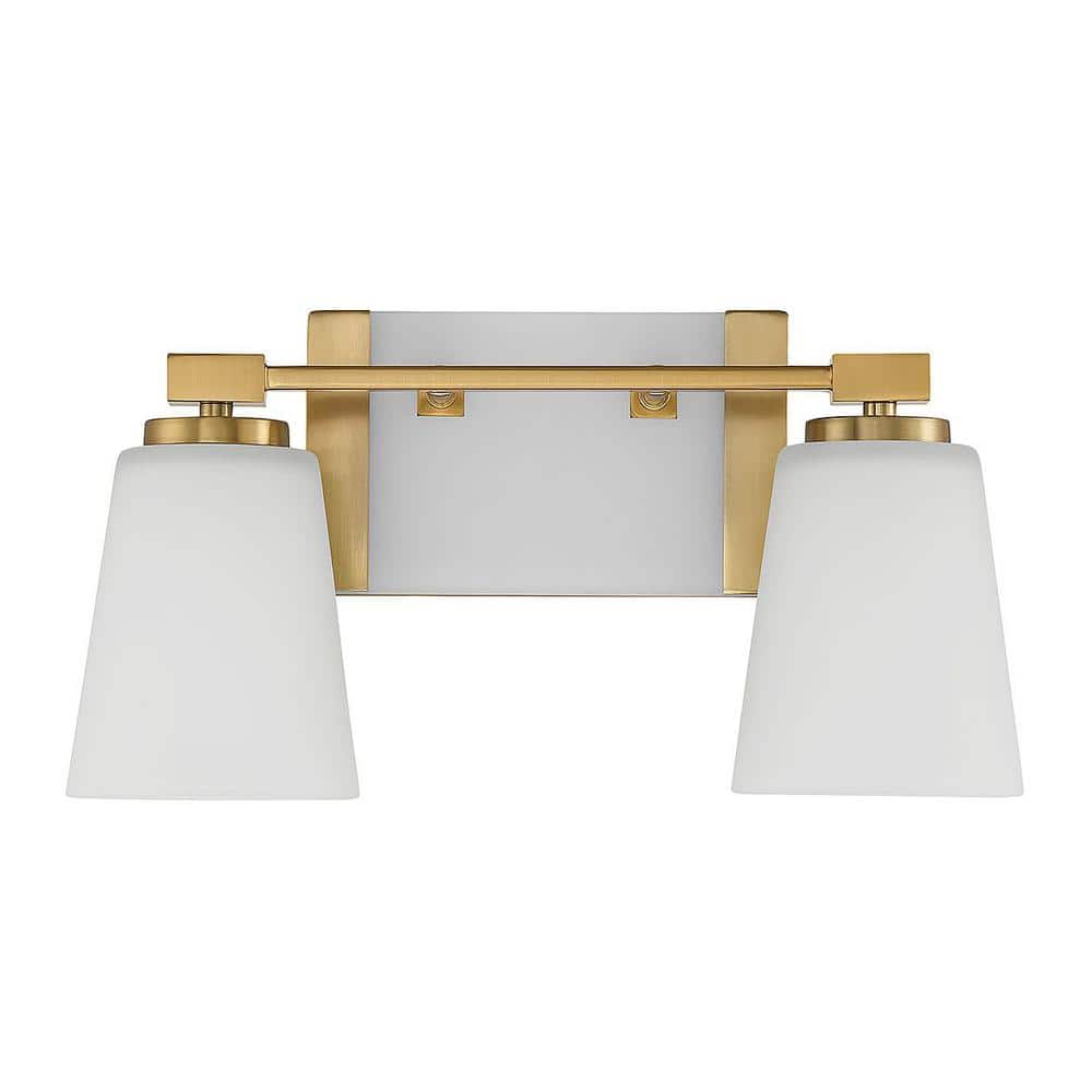 Warm Brass 2-Light Vanity with White Opal Glass Shades