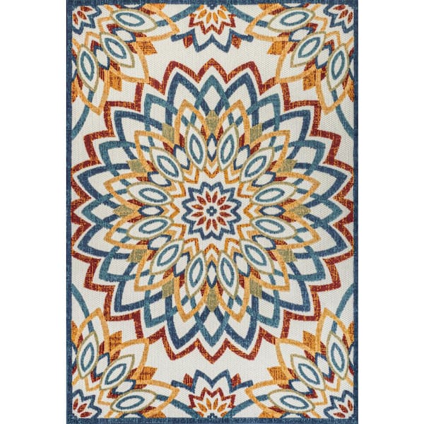 Flora Abstract Bold Mandala High-Low Red/Blue/Yellow 3 ft. x 5 ft. Indoor/Outdoor Area Rug