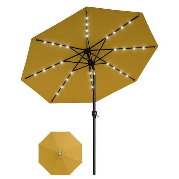 9 ft solar lighted patio umbrella Garvee 9 ft. Solar LED Lighted Patio Umbrella, Round Market Table Umbrella  in Yellow with Crank Lift and Button Tilt HDT05TRIKP5