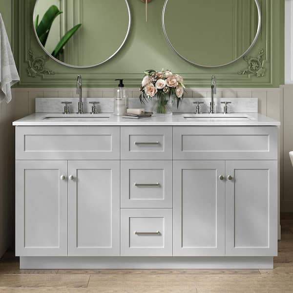 ARIEL Hamlet 61 in. W x 22 in. D x 35.25 in. H Bath Vanity in Grey with Carrara Marble Vanity Top