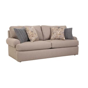 Nostalgia Series 90 in W Rolled Arm Fabric Two Cushion Straight Sofa with 4 Accent Pillows in Putty Gray